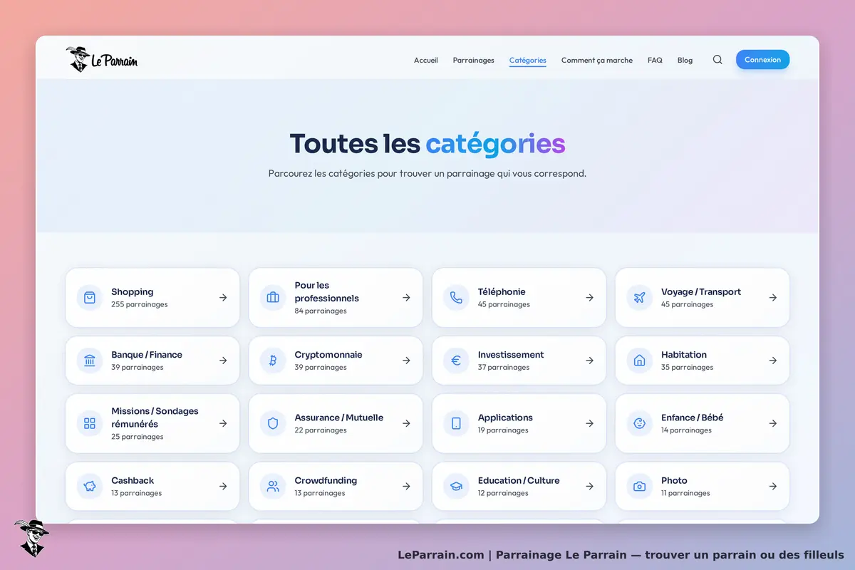 Page des catégories de parrainage sur Le Parrain, avec diverses options et parrainages.