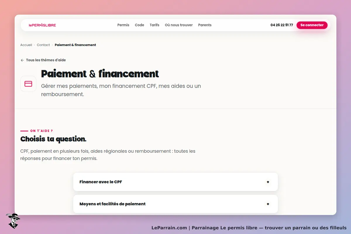 Le permis libre : page d'accueil sur le paiement et financement, options de questions affichées