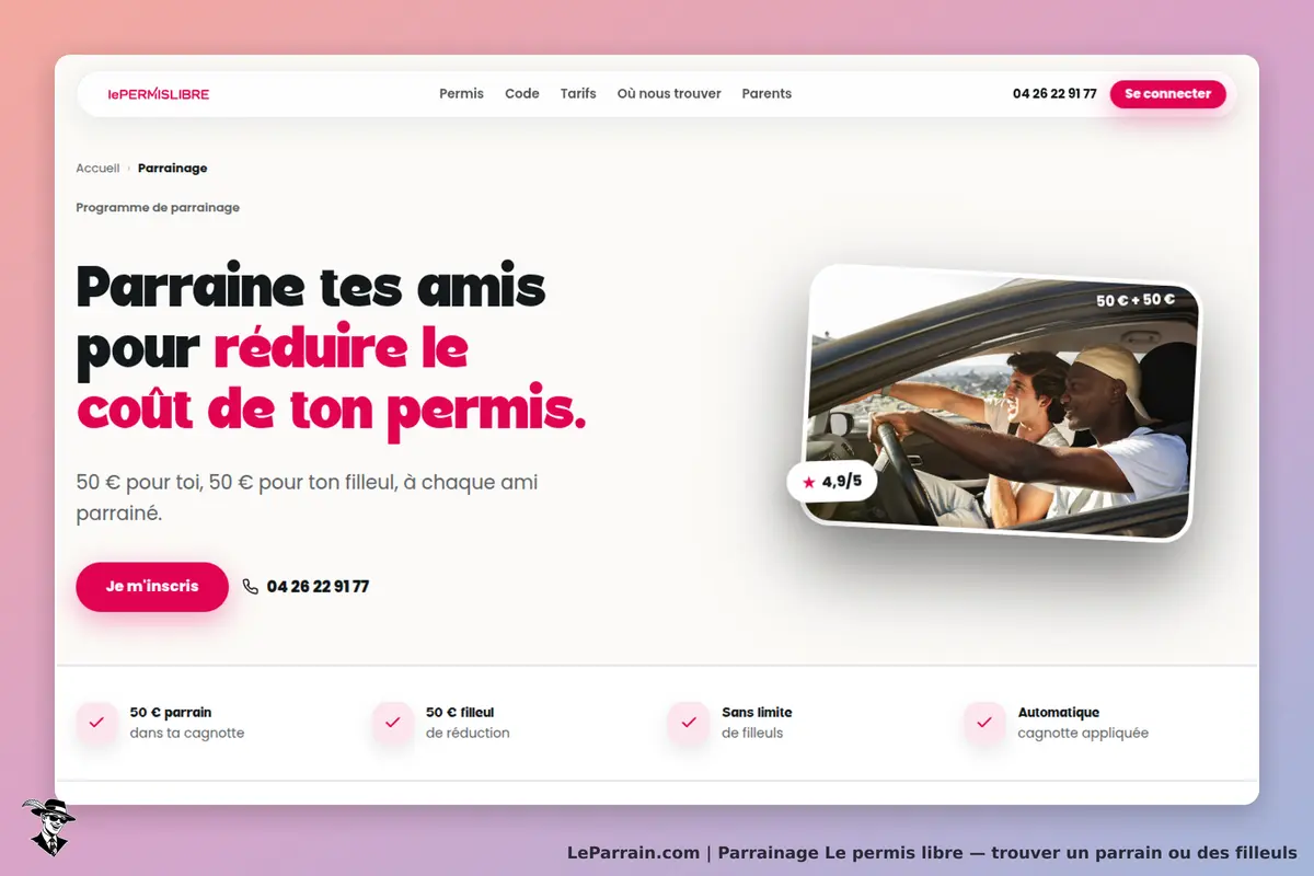 Le Permis Libre : page d'accueil avec programme de parrainage et image de deux personnes en voiture