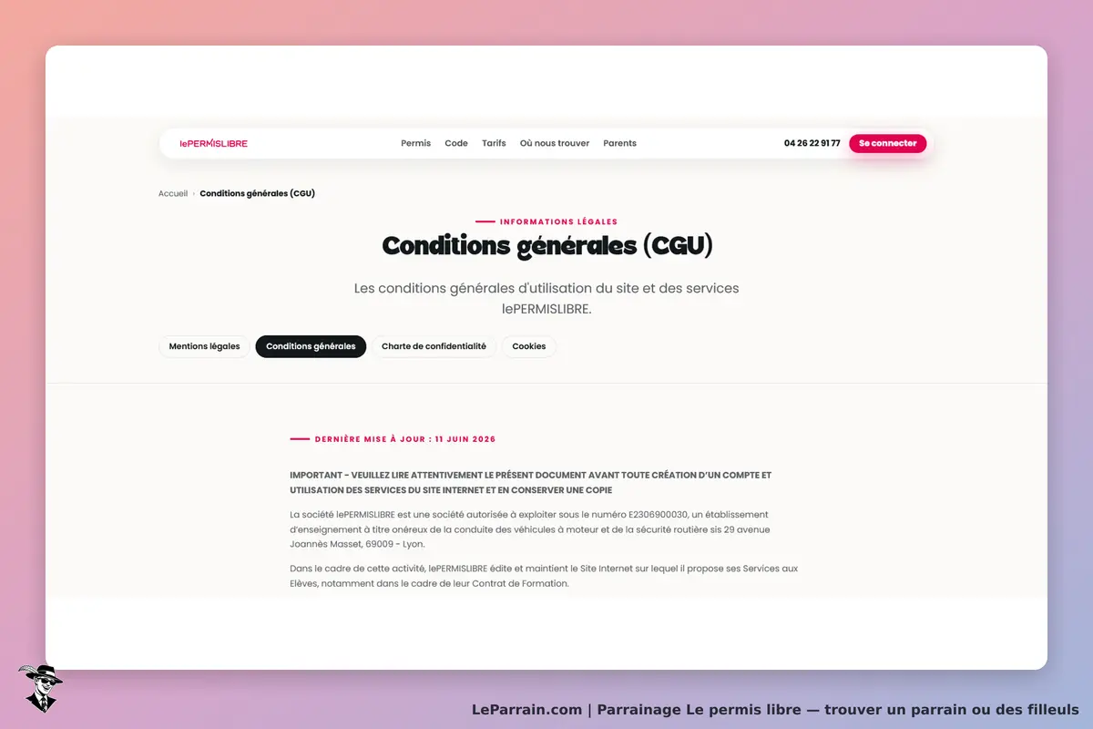 Le permis libre : page des conditions générales d'utilisation du site et des services