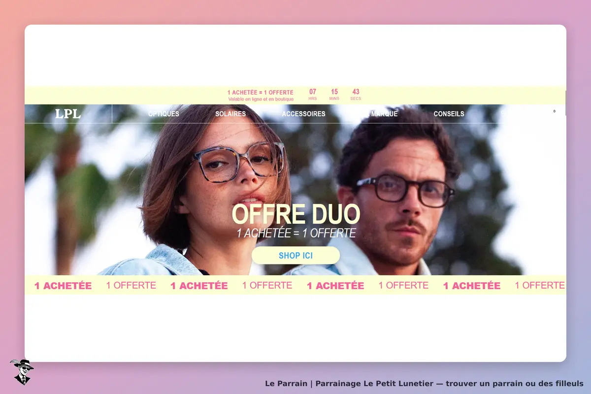 Le Petit Lunetier : deux modèles de lunettes portés par un homme et une femme en extérieur