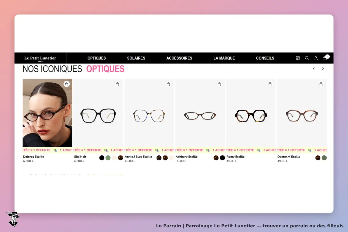 Le Petit Lunetier : sélection de lunettes avec modèles et prix affichés sur la page d'accueil