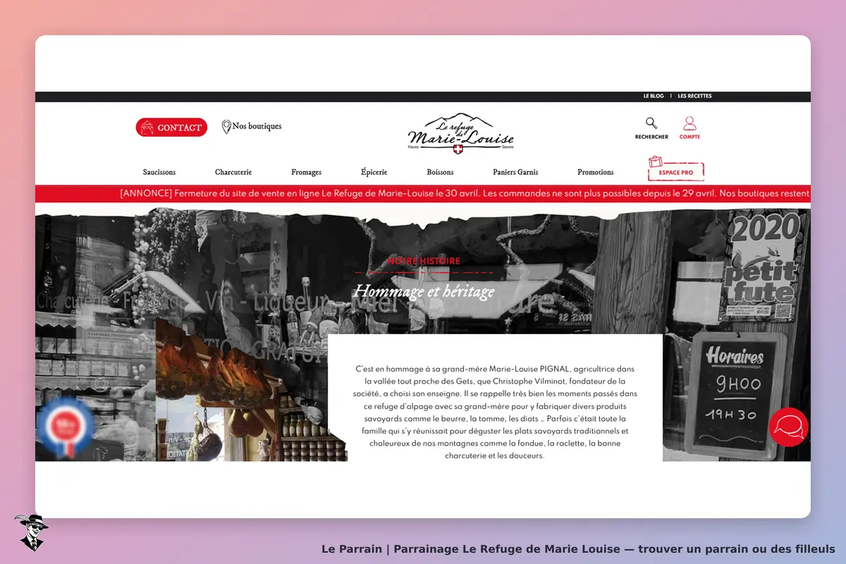 Le Refuge de Marie Louise : page d'accueil avec annonce de fermeture et section historique