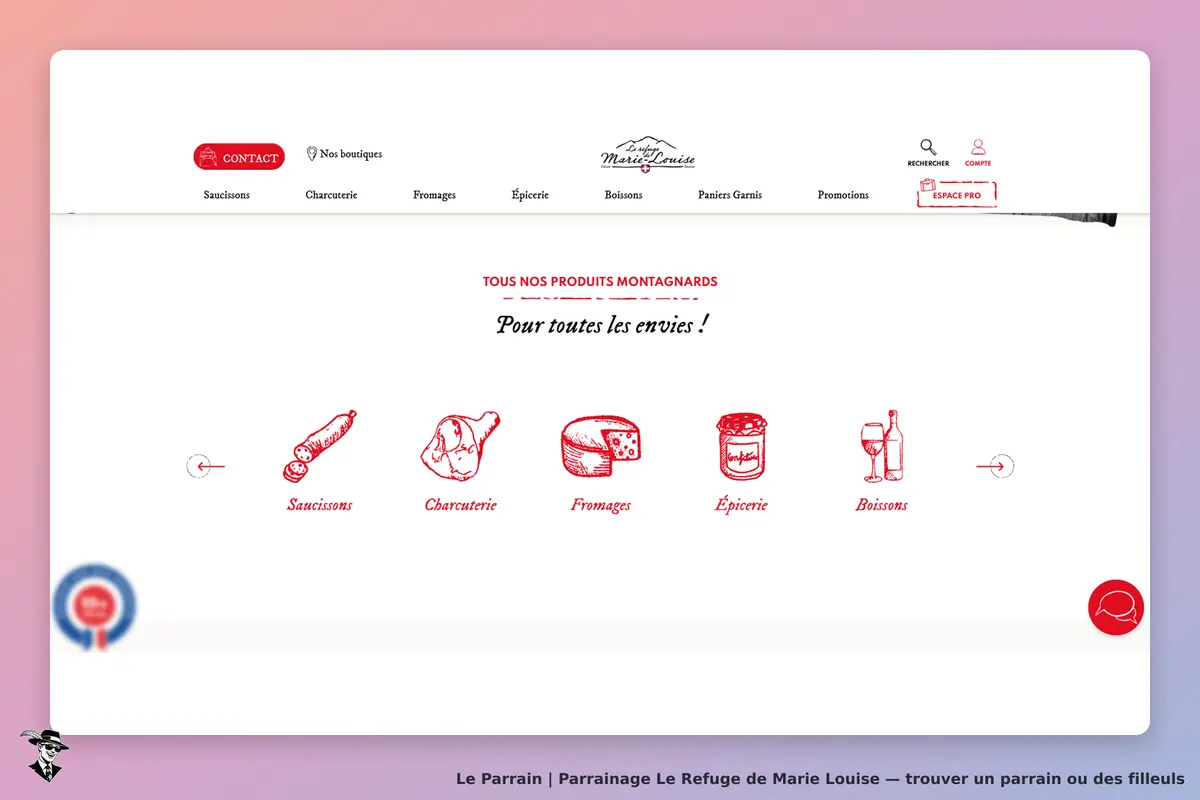 Le Refuge de Marie Louise : icônes de produits montagnards sur la page d'accueil