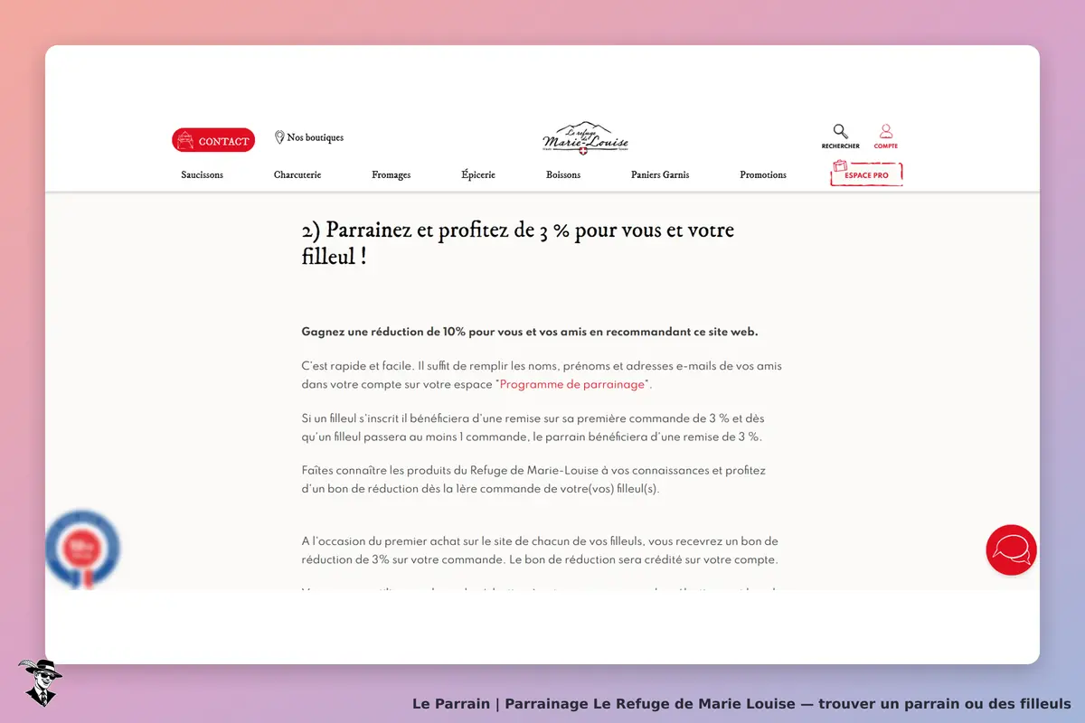Le Refuge de Marie Louise : section sur le parrainage avec instructions et avantages affichés