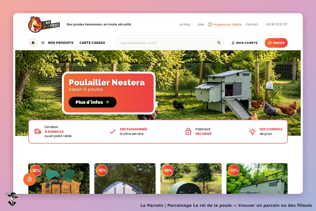 Le roi de la poule : page d'accueil avec un poulailler et des poules dans un jardin