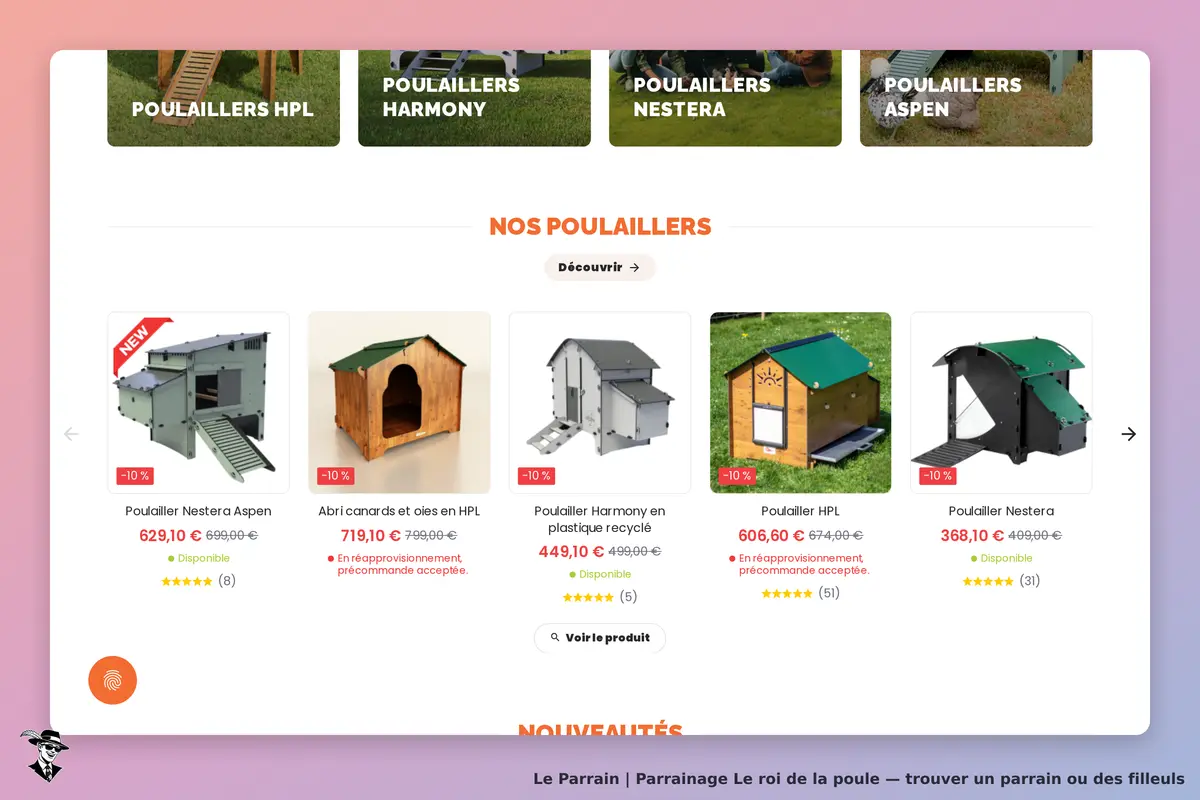 Le roi de la poule : affichage de plusieurs modèles de poulaillers avec prix et avis clients