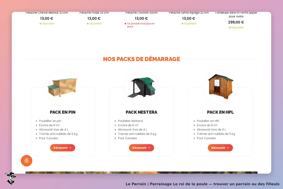 Le roi de la poule : présentation des packs de démarrage avec images et descriptions des produits