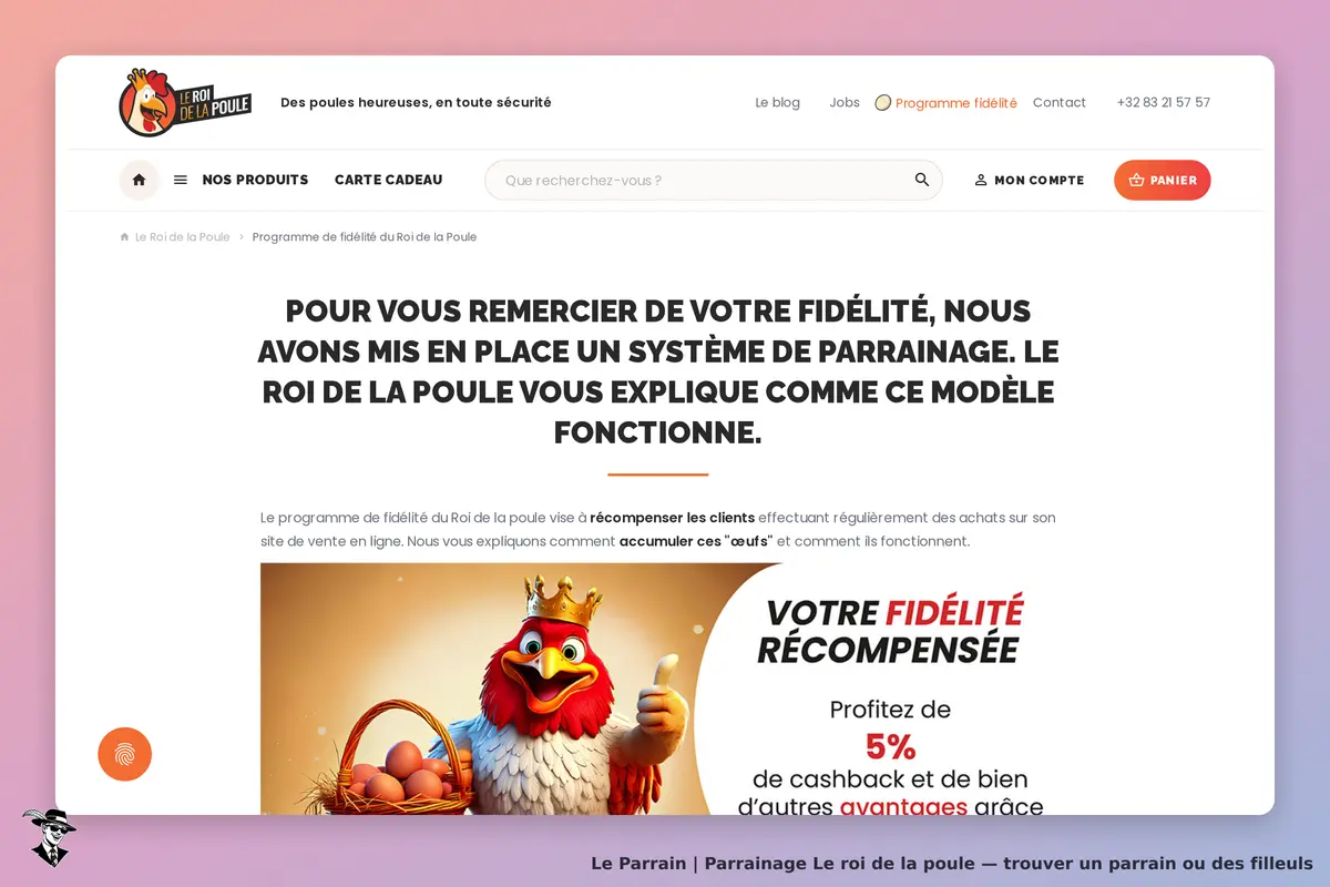Le roi de la poule : page d'accueil présentant le programme de fidélité et une mascotte en poule