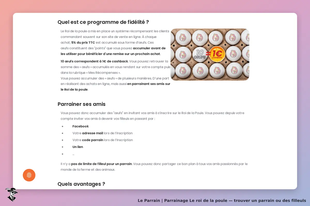 Le roi de la poule : programme de fidélité avec œufs et options de parrainage, page d'accueil
