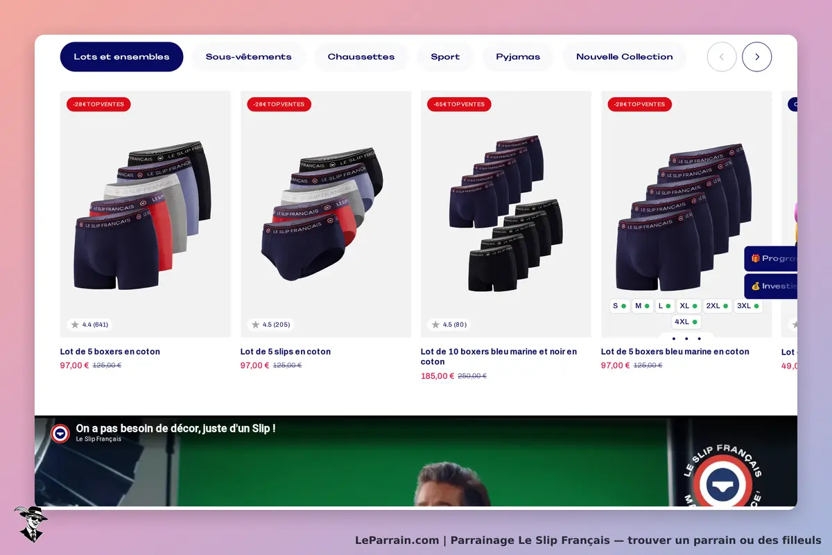 Le Slip Français : page d'accueil avec lots de sous-vêtements et options de taille affichées