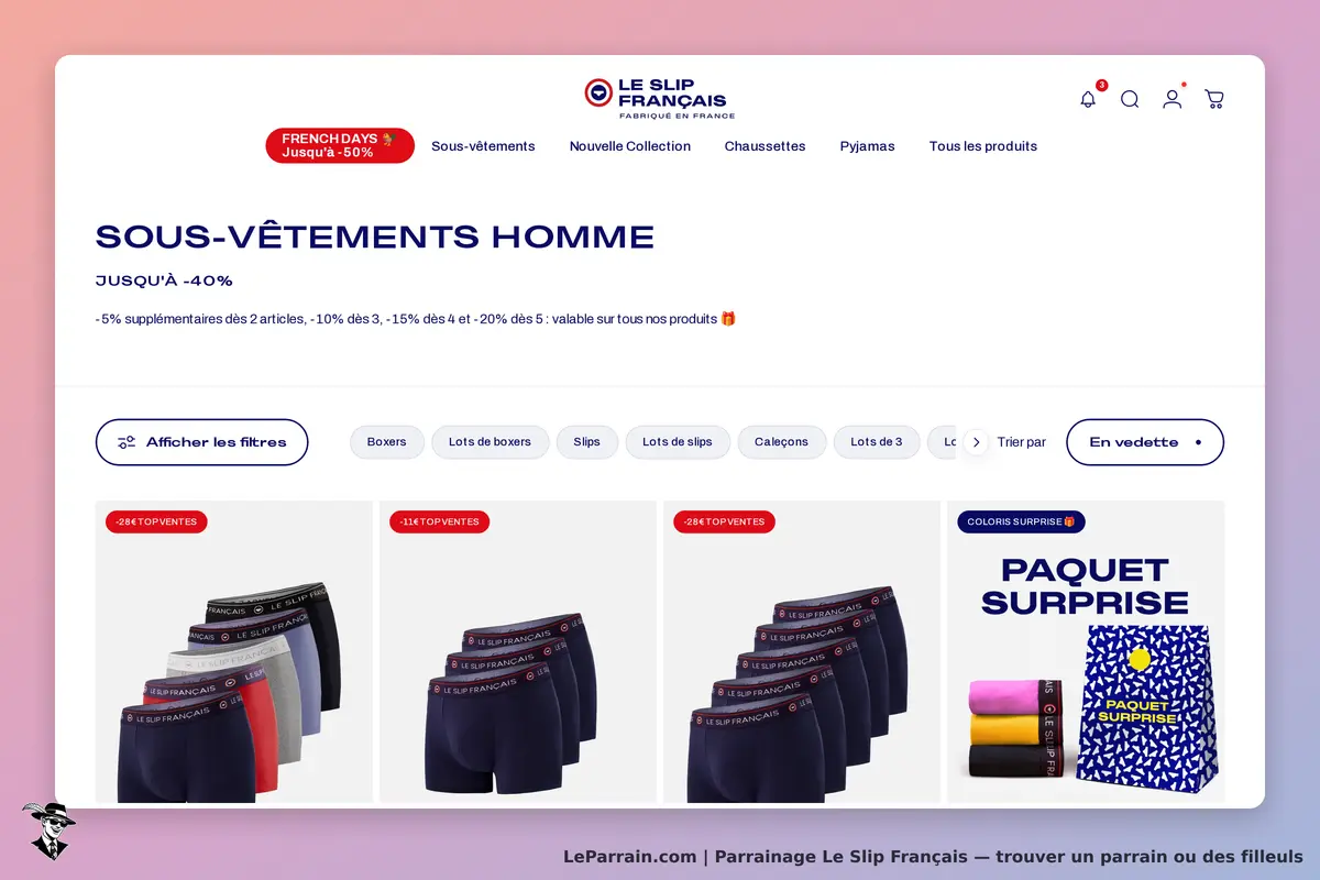 Le Slip Français : page d'accueil avec sous-vêtements hommes et options de filtres visibles