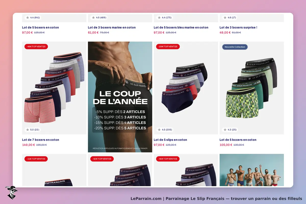 Le Slip Français : page d'accueil affichant divers lots de boxers et slips en coton