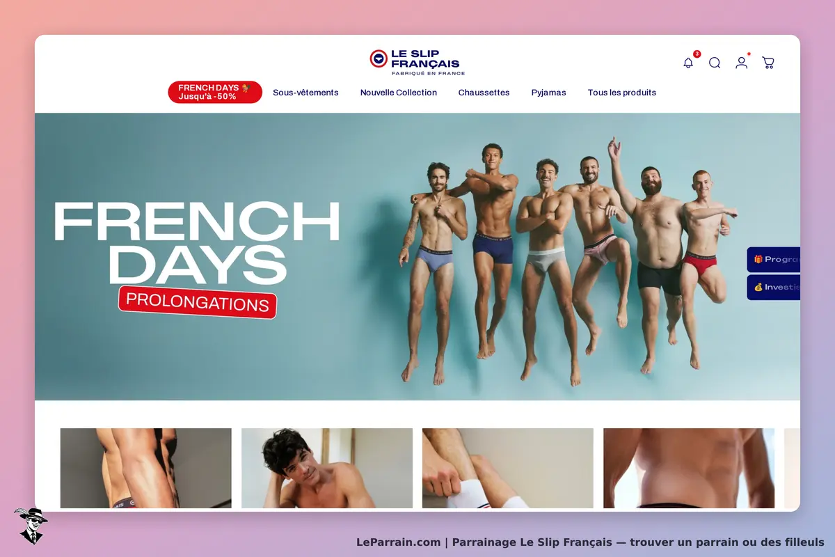 Le Slip Français : homepage avec des hommes en sous-vêtements et des visuels de produits