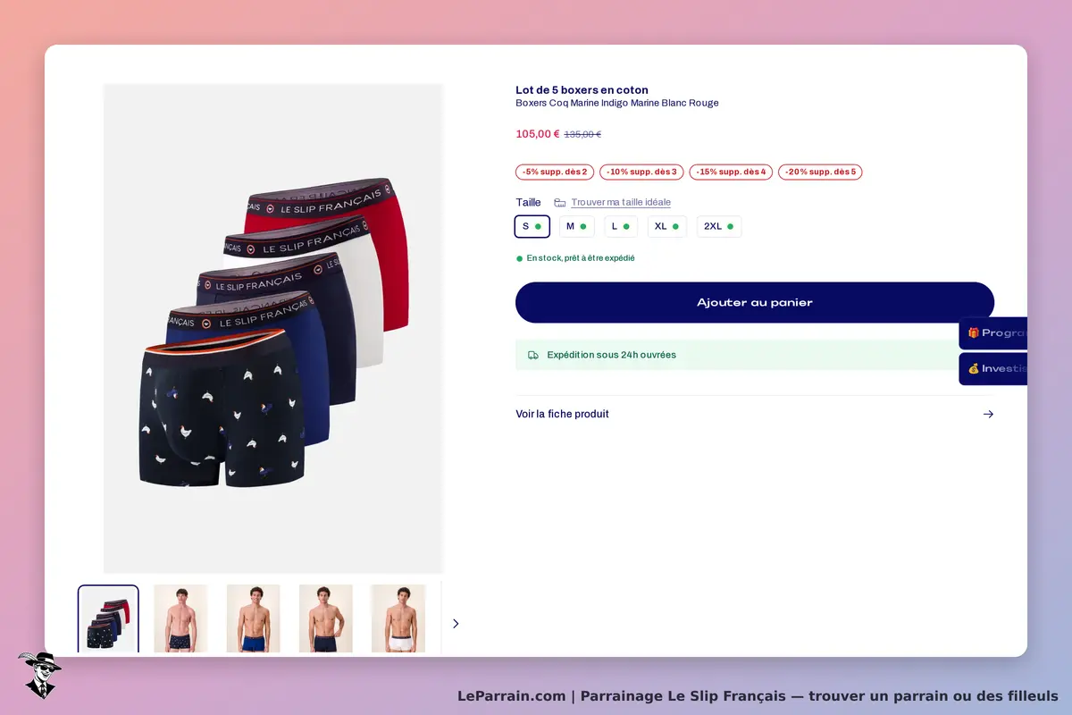 Le Slip Français : lot de 5 boxers en coton avec différentes couleurs et motifs affichés