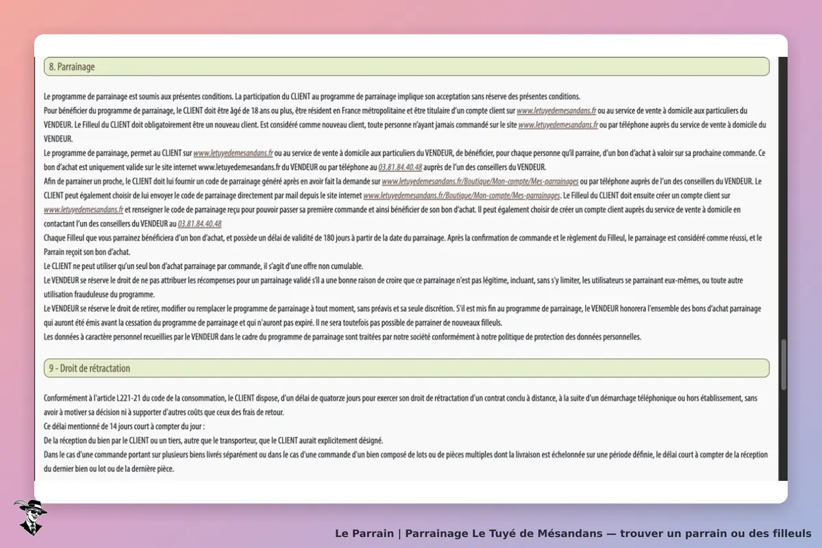 Le Tuyé de Mésandans : article 8 des conditions officielles du parrainage, bons d’achat et validité de 180 jours.