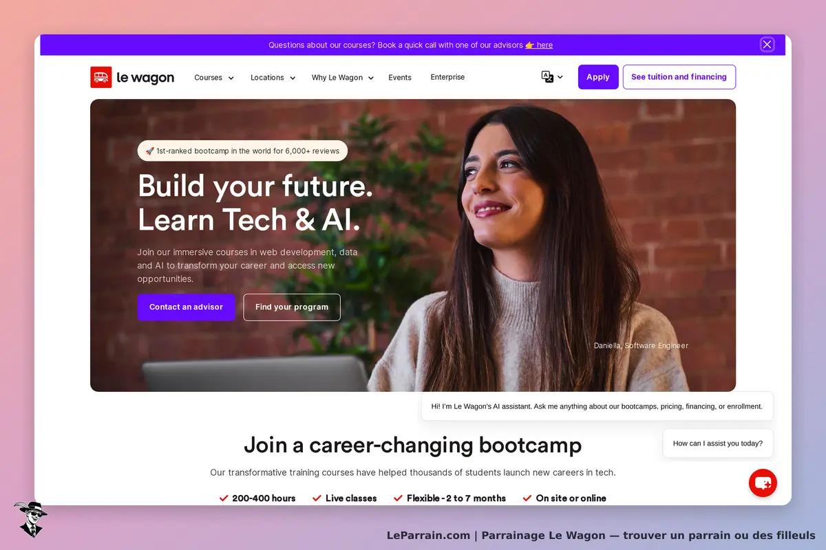 Le Wagon : page d'accueil présentant un programme de formation en technologie et intelligence