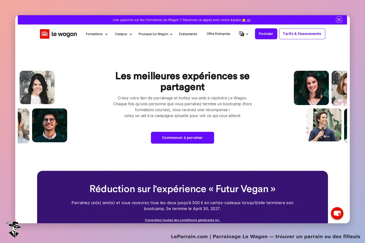 Le Wagon : page d'accueil avec des témoignages et un bouton pour commencer à parrainer