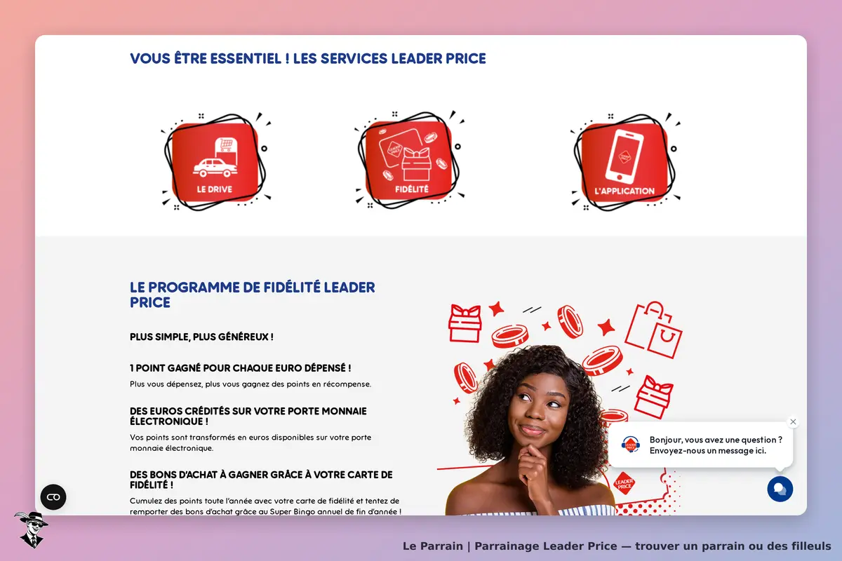 Leader Price : services et programme de fidélité avec illustrations et une femme pensive
