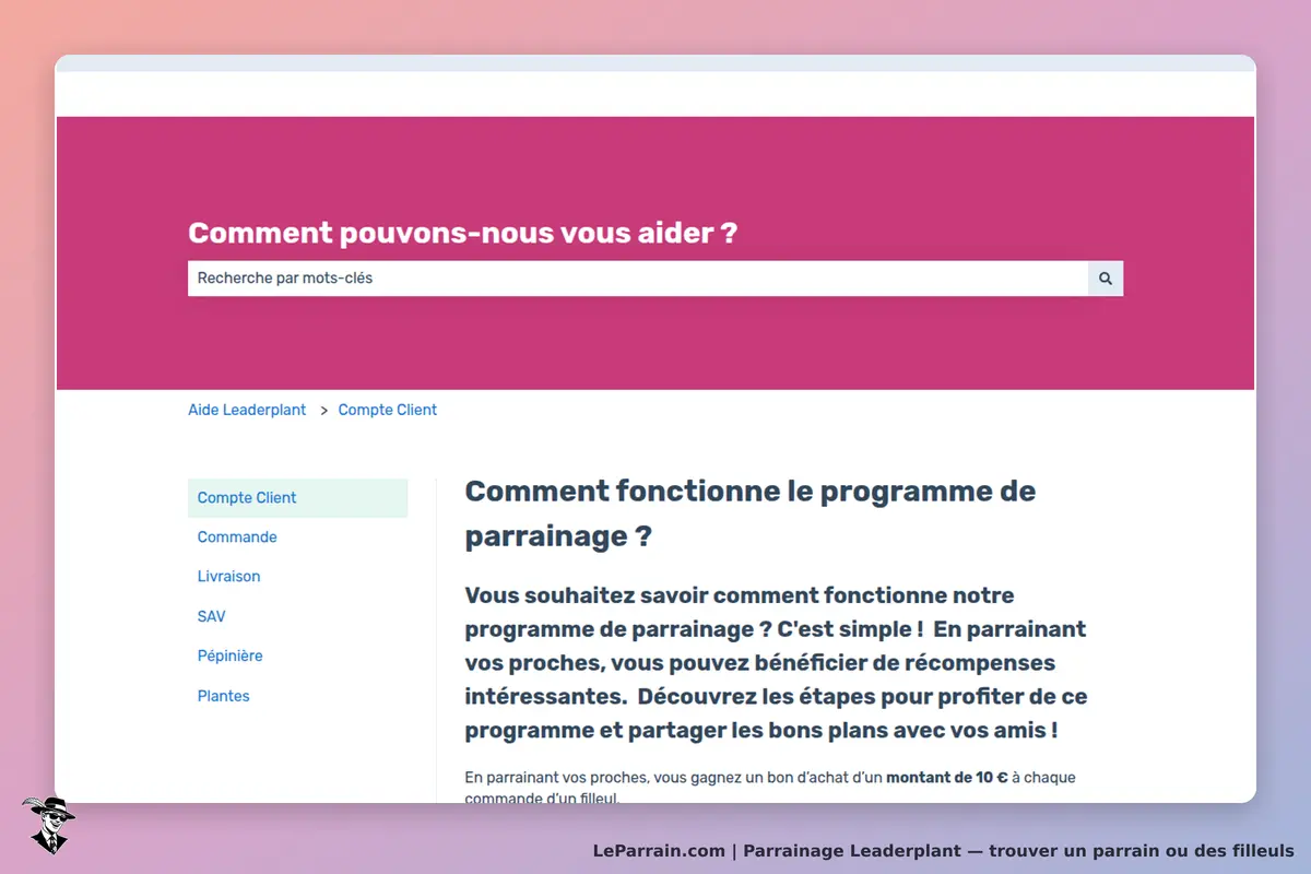 Leaderplant : page d'aide avec un champ de recherche et des informations sur le parrainage