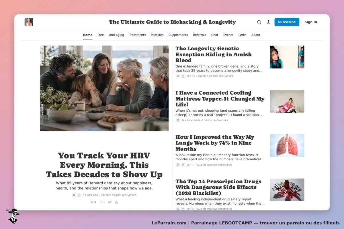 LEBOOTCAMP : page d'accueil avec articles sur le biohacking et une famille réunie autour d'une