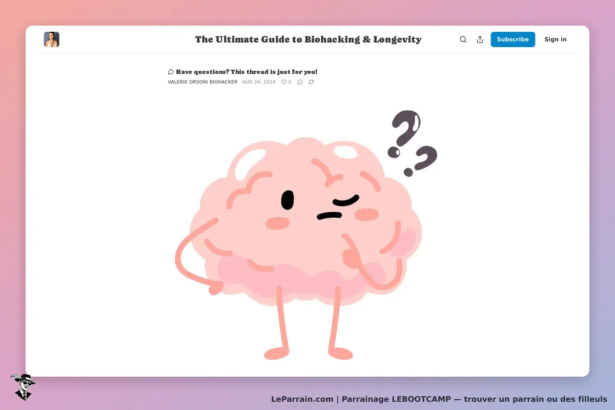 LEBOOTCAMP : illustration d'un cerveau rose avec une expression de réflexion et des points