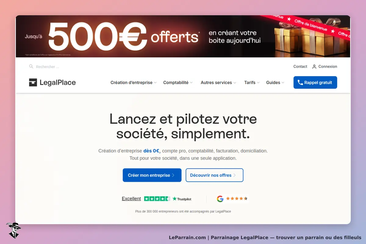 LegalPlace : page d'accueil avec un message d'accueil et des options de création d'entreprise