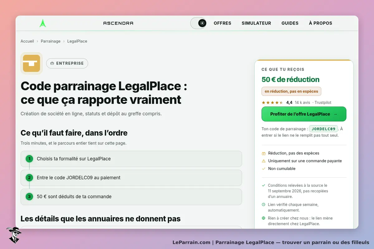 LegalPlace : page d'accueil avec informations sur le parrainage et étapes à suivre