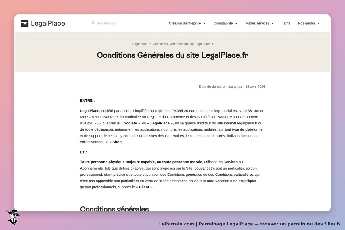 LegalPlace : conditions générales du site avec informations sur la société et la mise à jour