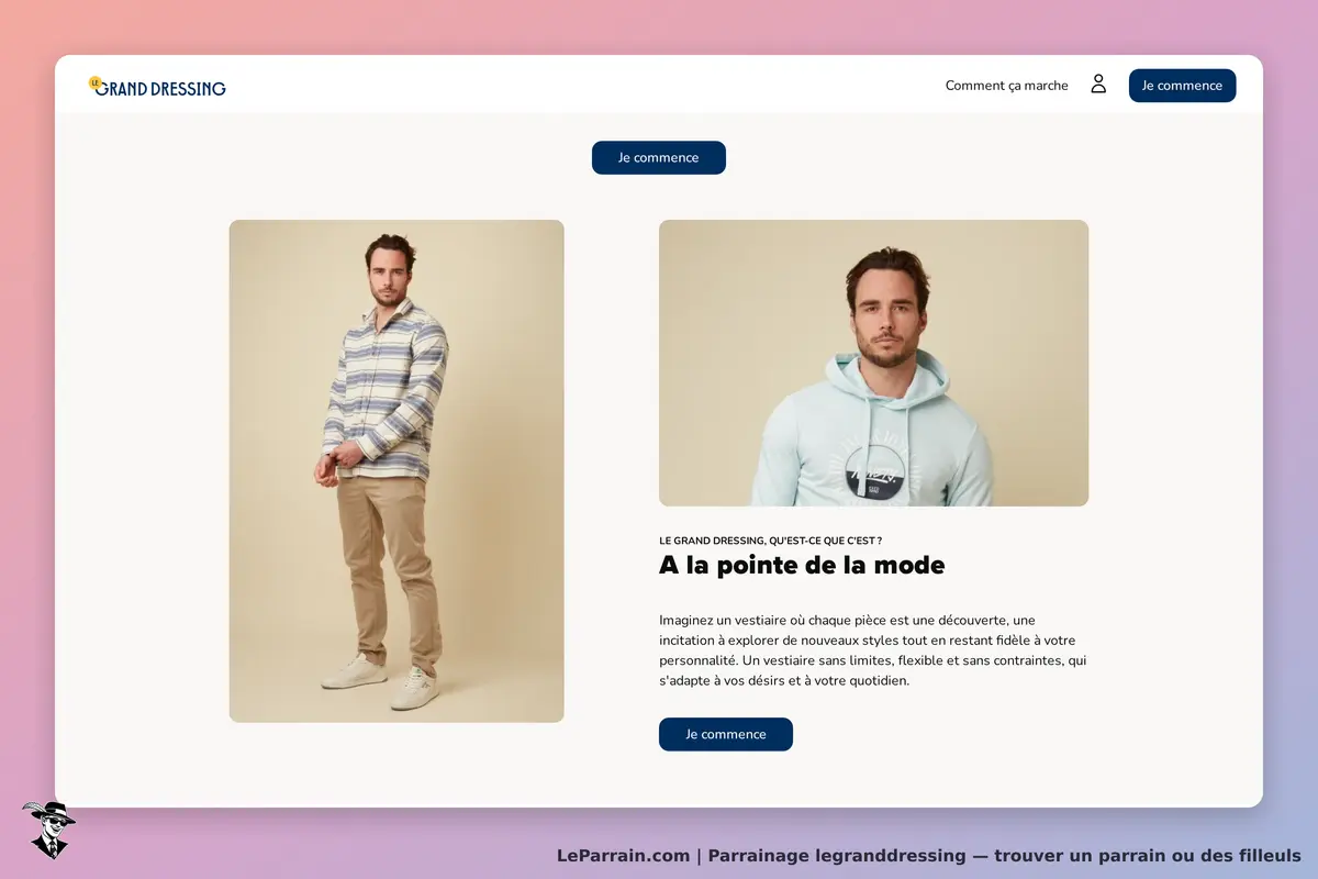 legranddressing : page d'accueil avec deux modèles en vêtements, texte sur la mode et bouton