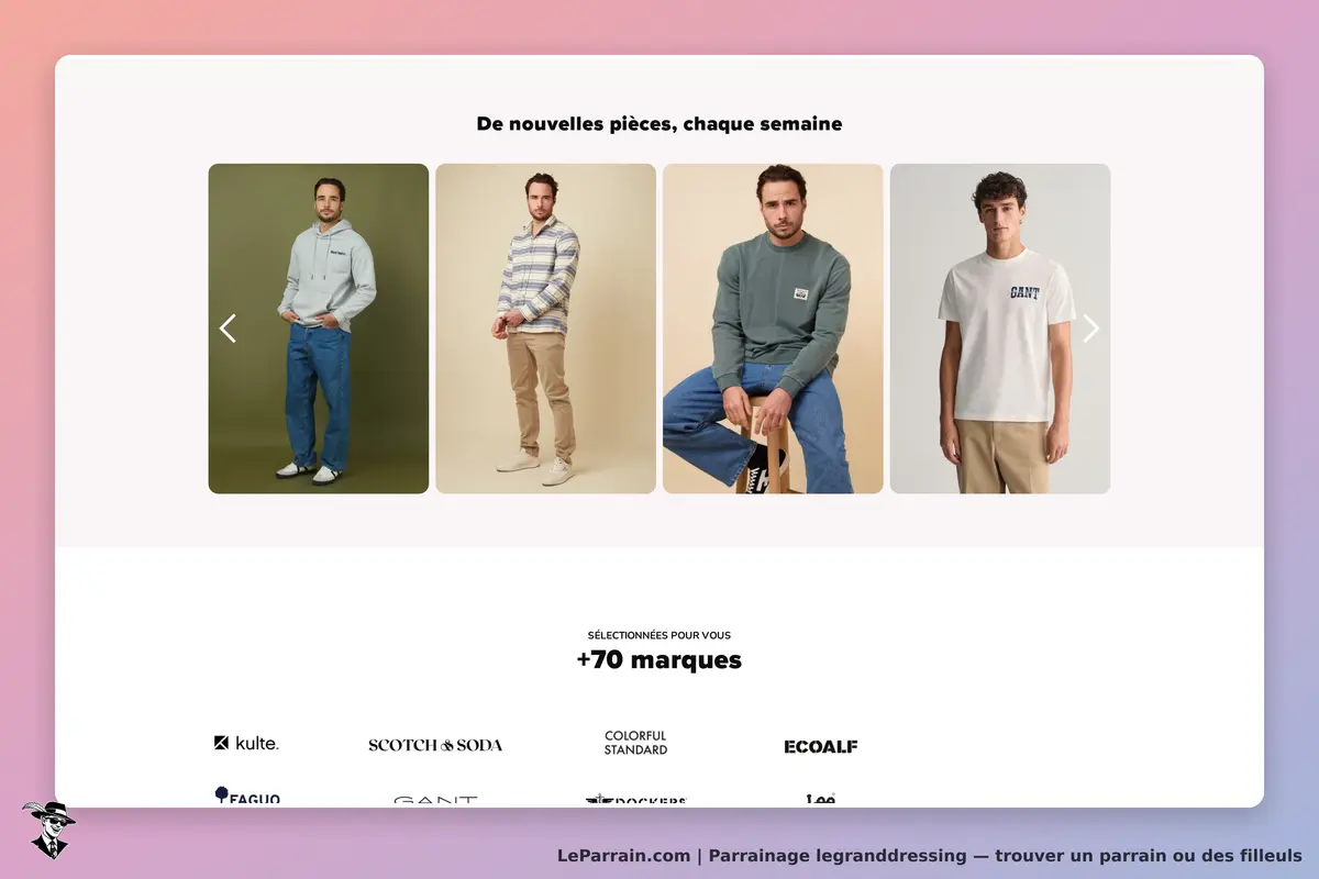 legranddressing : quatre modèles masculins en vêtements décontractés sur fond coloré, logo en bas