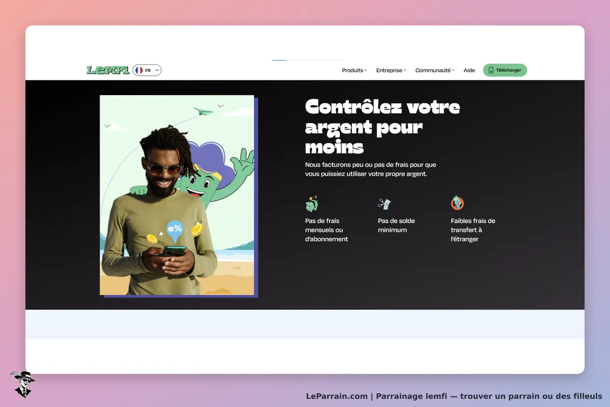 Lemfi : page d'accueil avec un homme souriant utilisant son téléphone et un personnage animé