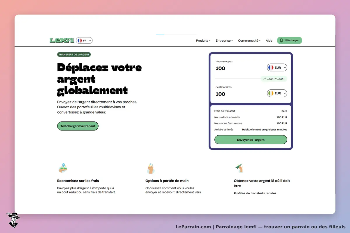 Lemfi : page d'accueil avec options de transfert d'argent et bouton de téléchargement