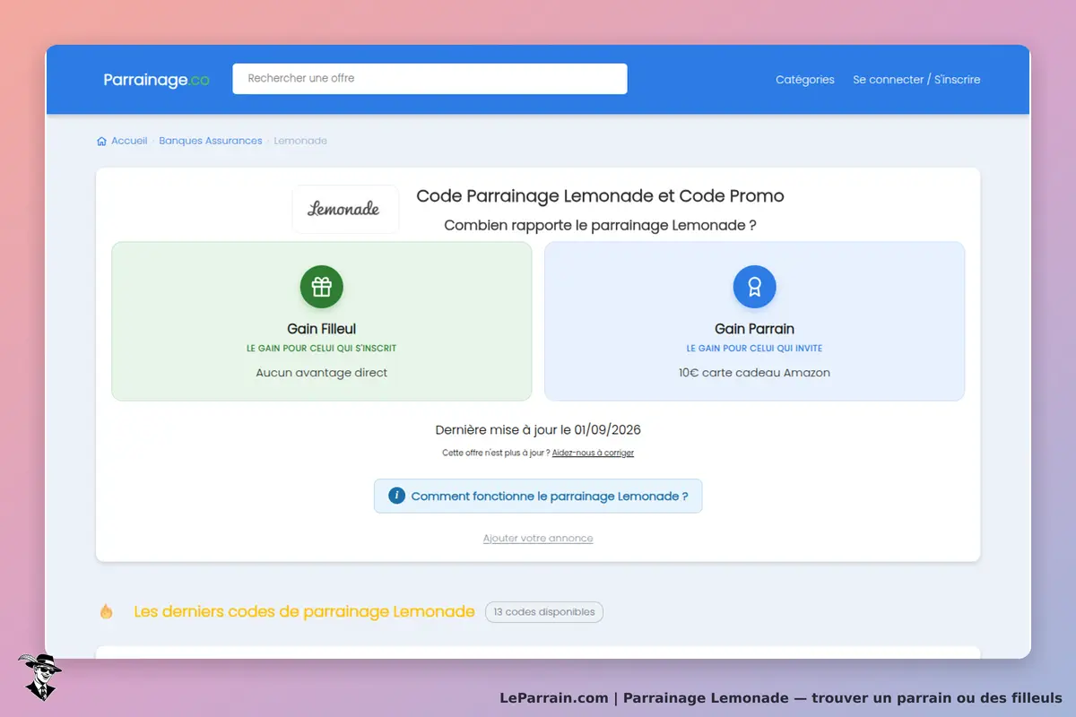 Lemonade : page présentant les gains de parrainage pour filleuls et parrains