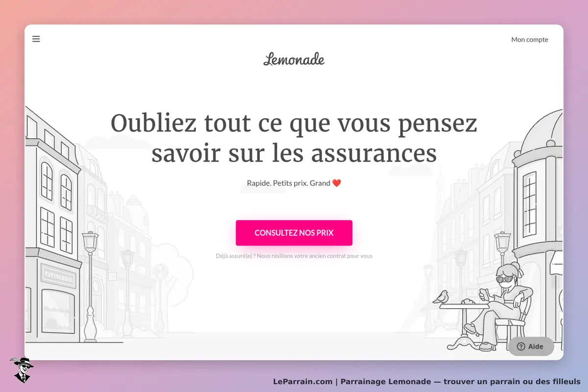 Lemonade : accueil avec un message sur les assurances et un bouton pour consulter les prix