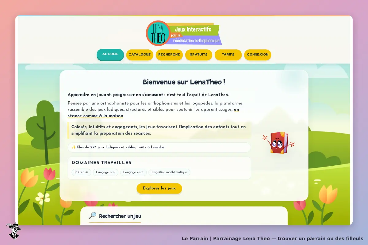 Lena Theo : page d'accueil avec présentation et illustration colorée de jeux éducatifs