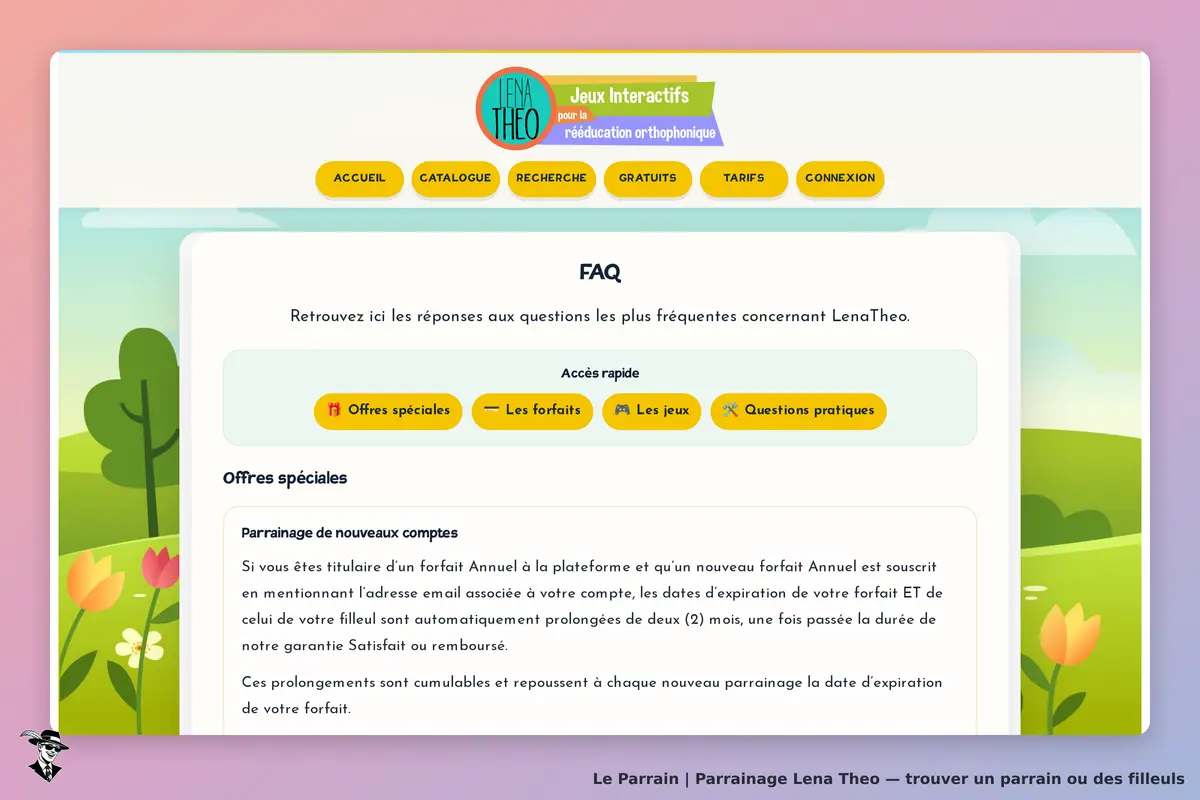 Lena Theo : page FAQ avec options d'accès rapide et détails sur le parrainage de comptes