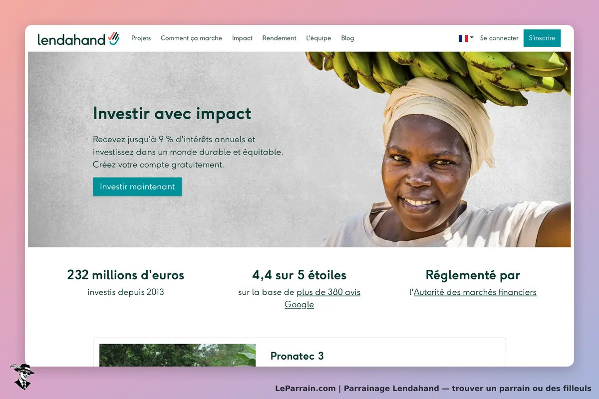 Lendahand : page d'accueil avec un message sur l'investissement et une femme souriante