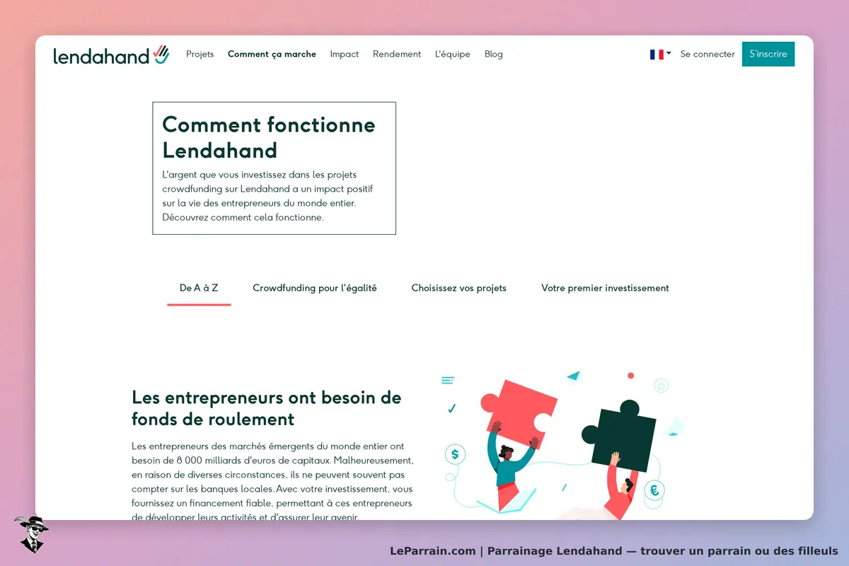 Lendahand : explication du fonctionnement avec illustration et sections sur le crowdfunding