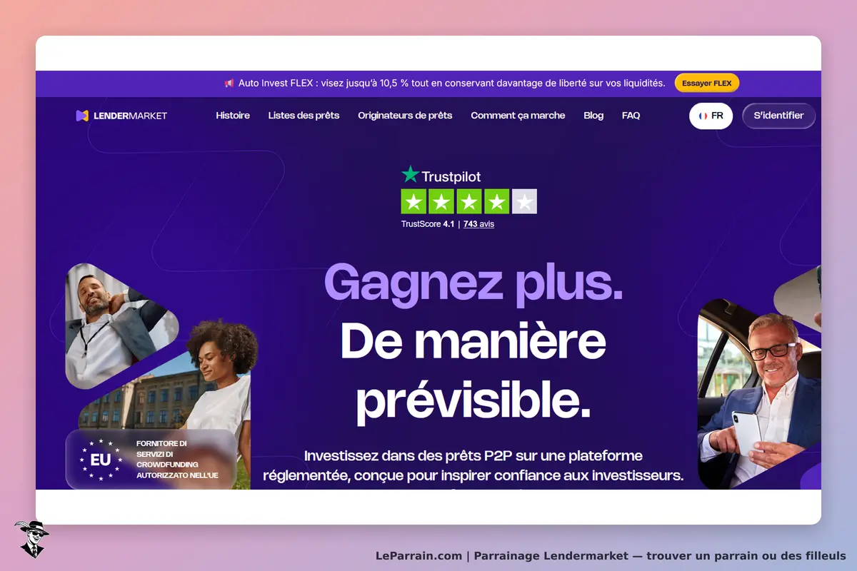 Lendermarket : page d'accueil avec slogan et images de personnes utilisant la plateforme