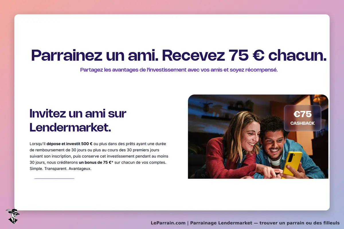 Lendermarket : page d'accueil avec invitation à parrainer un ami et image d'un couple utilisant un