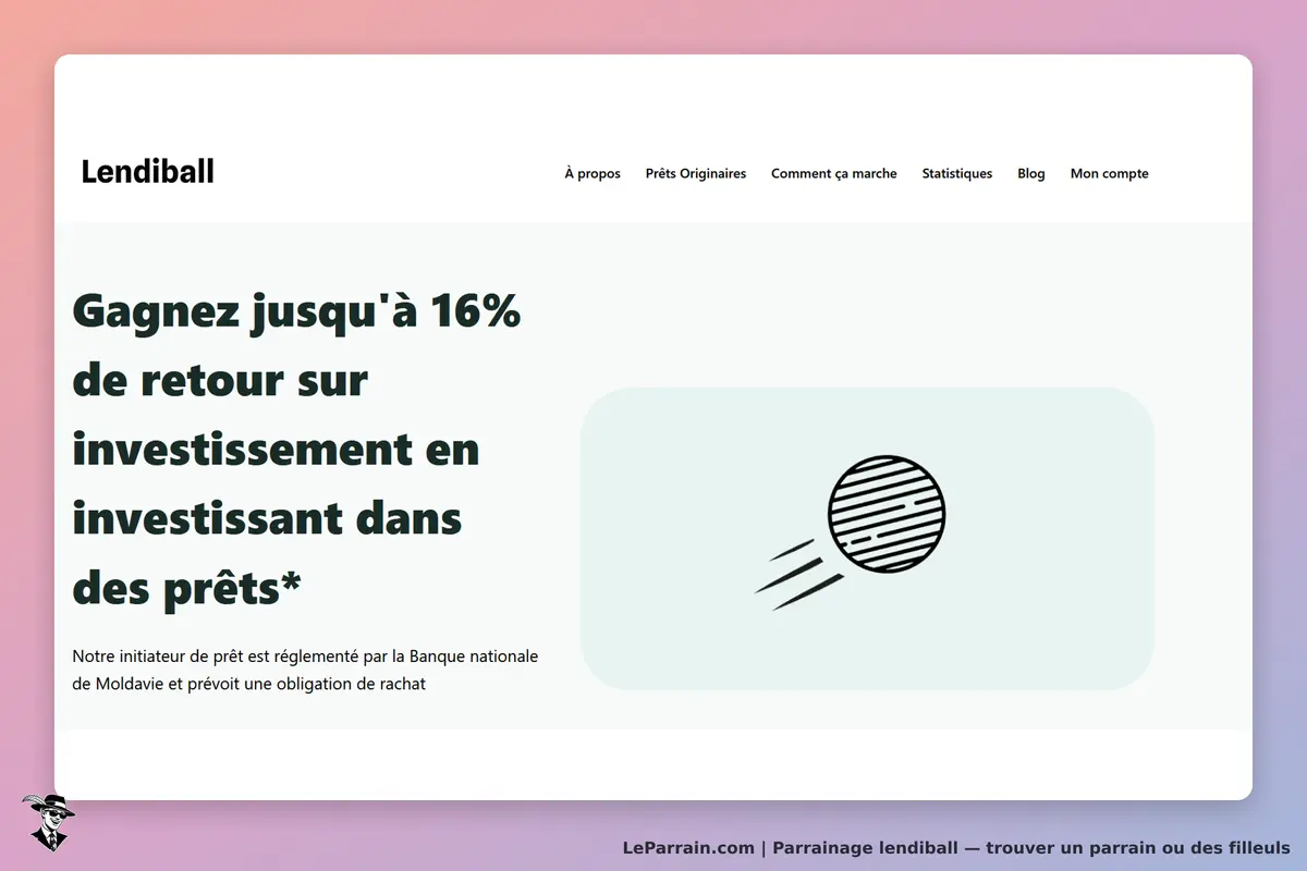 Lendiball : page d'accueil avec texte sur le retour d'investissement et une illustration d'une