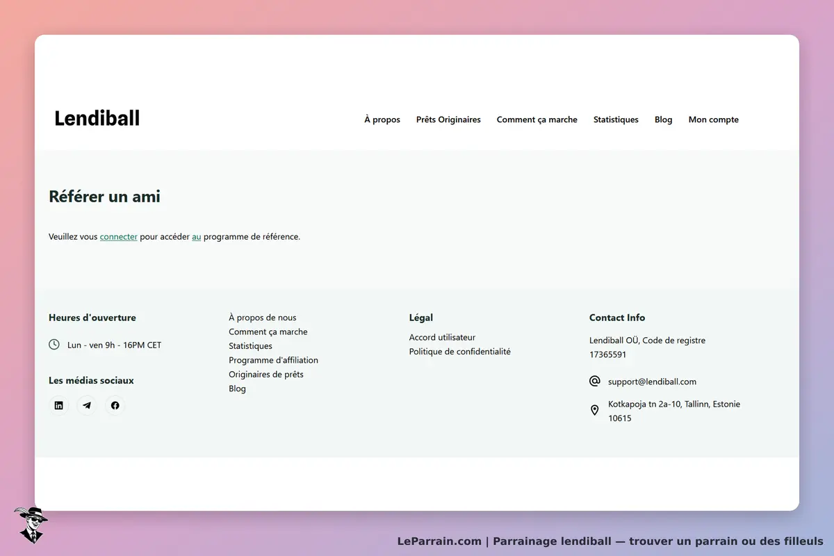 Lendiball : page d'accueil avec option de parrainage et informations de contact en bas