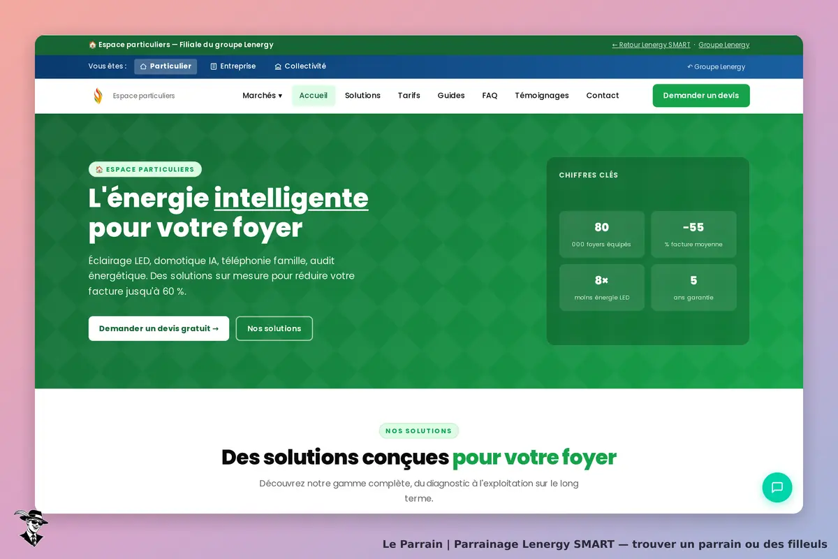 Lenergy SMART : page d'accueil présentant des solutions énergétiques pour les foyers