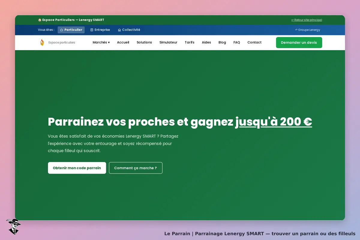 Lenergy SMART : page d'accueil avec invitation au parrainage et options de code parrain
