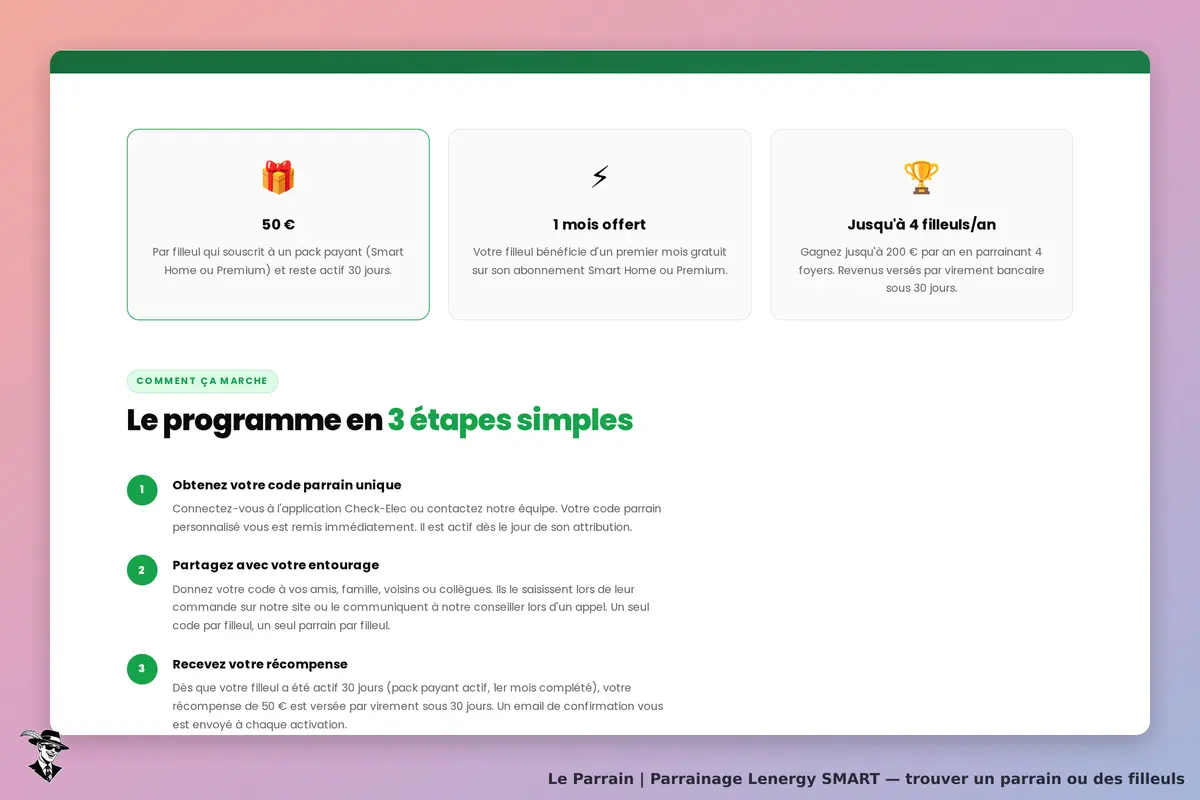 Lenergy SMART : page d'accueil présentant le programme de parrainage en trois étapes simples