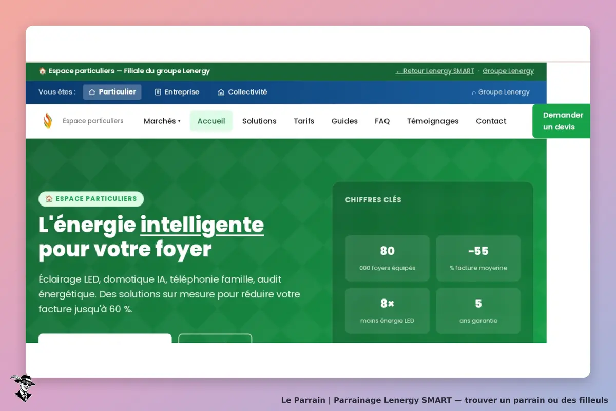 Lenergy SMART : page d'accueil avec informations sur l'énergie intelligente pour le foyer