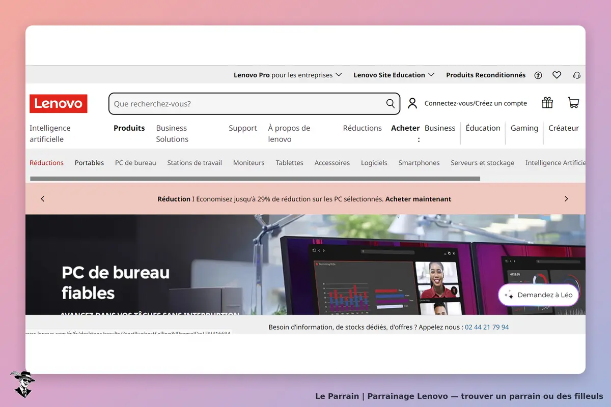 Lenovo : page d'accueil avec des PC de bureau et un formulaire de recherche en haut