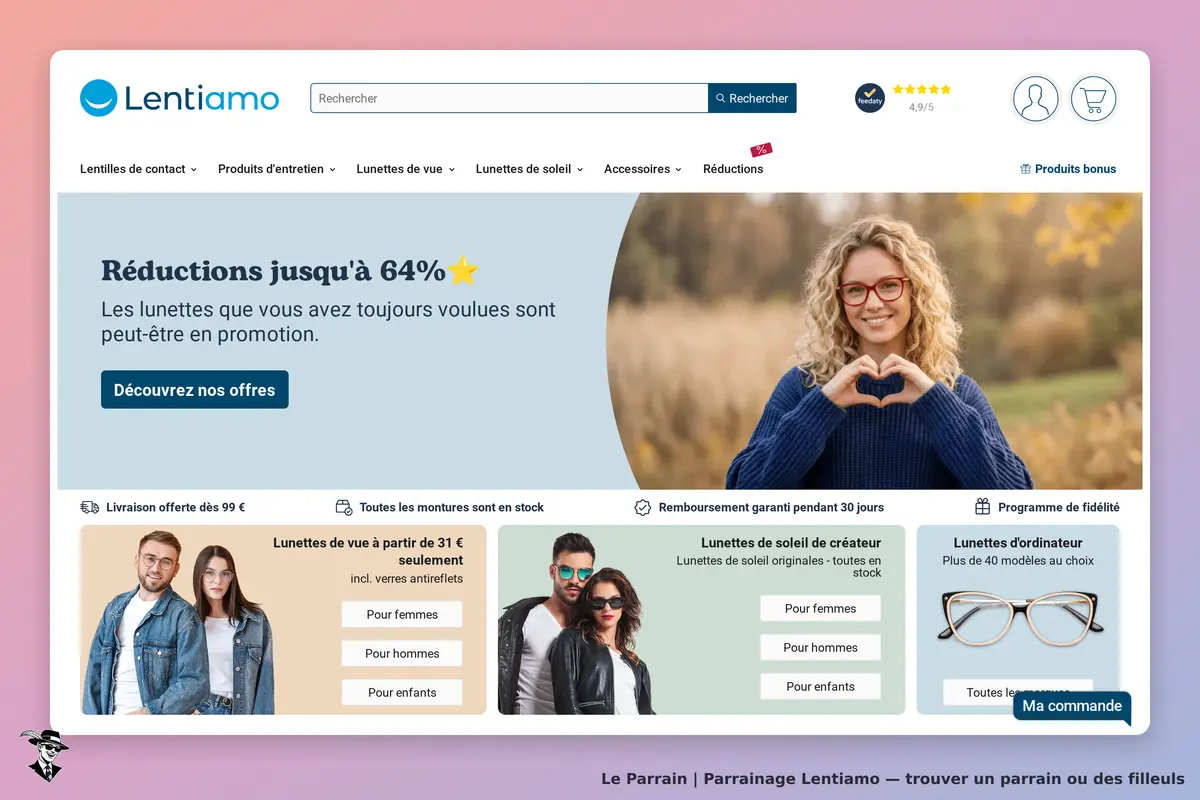 Lentiamo : page d'accueil avec promotions, femme souriante en lunettes, catégories de produits