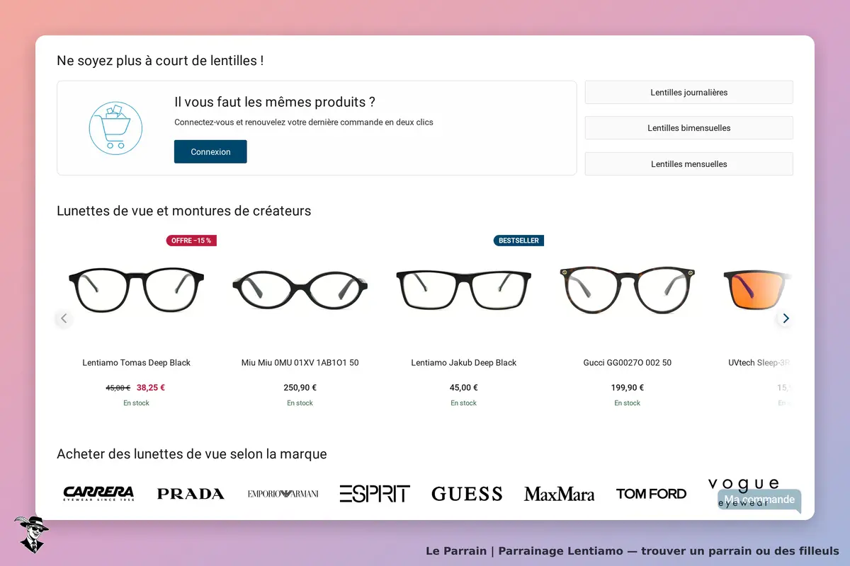 Lentiamo : page d'accueil avec lunettes de vue et montures de créateurs affichées